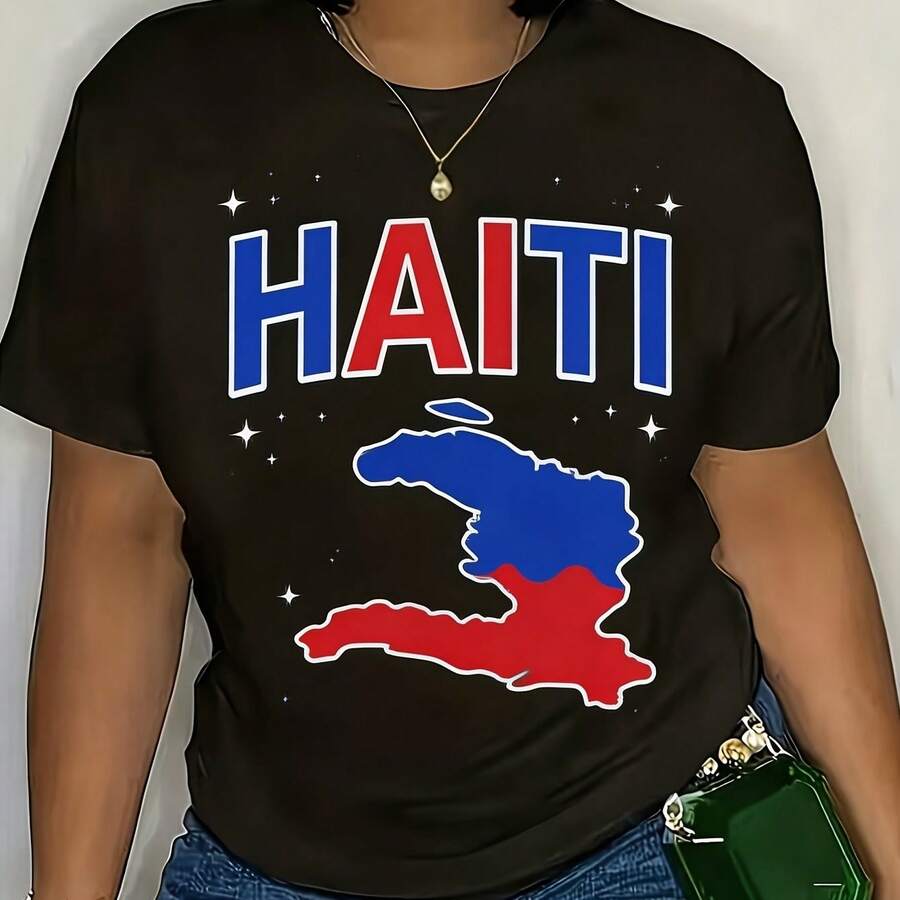 Women's T-Shirt With A Haiti Map Print, Perfect For Dates, Home Office, Cafes, Mother's Day, Easter, And Any Festive Celebration; Ideal For Casual Summer Wear - 黑色 - 查看 1