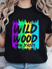 100% Cotton T-Shirt With Artistic Wood Print, New Jersey Beach And Boardwalk As A Gift, Crew Neck And Short Sleeves, Women's Casual Summer Graphic Top, Summer Essentials, Summer Outfits For Women, Graphic Tees - 黑色 - 查看 1
