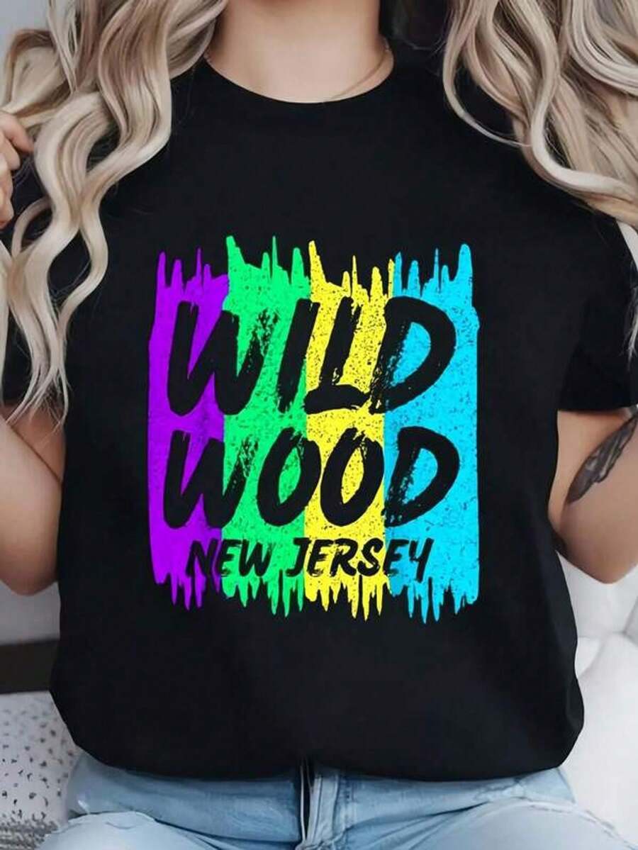 100% Cotton T-Shirt With Artistic Wood Print, New Jersey Beach And Boardwalk As A Gift, Crew Neck And Short Sleeves, Women's Casual Summer Graphic Top, Summer Essentials, Summer Outfits For Women, Graphic Tees - 黑色 - 查看 1