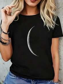 Women's Chic Short Sleeve Round Neck T-Shirt With Stunning Moon Graphic Print, Casual Drop Shoulder Top With Medium Stretch FabricPure-Cotton - 黑色 - 查看 1