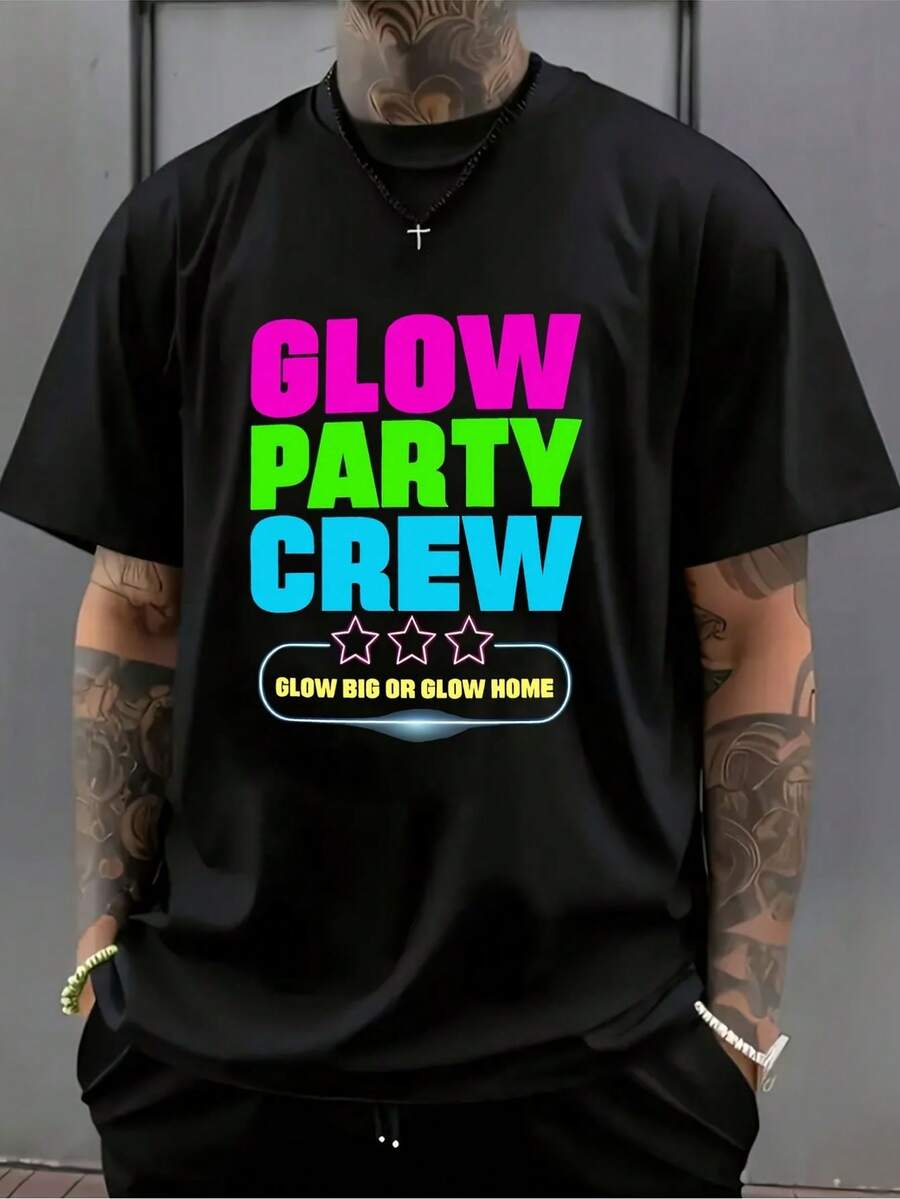 T-Shirt With Party Crew Graphic That Shines In The Dark - Neon Green And Pink Glow-In-The-Dark Print, Breathable Summer Casual Short-Sleeved T-Shirt With Round Neck For Parties, Comfortable Fit, Vibrant Design. - 黑色 - 查看 1