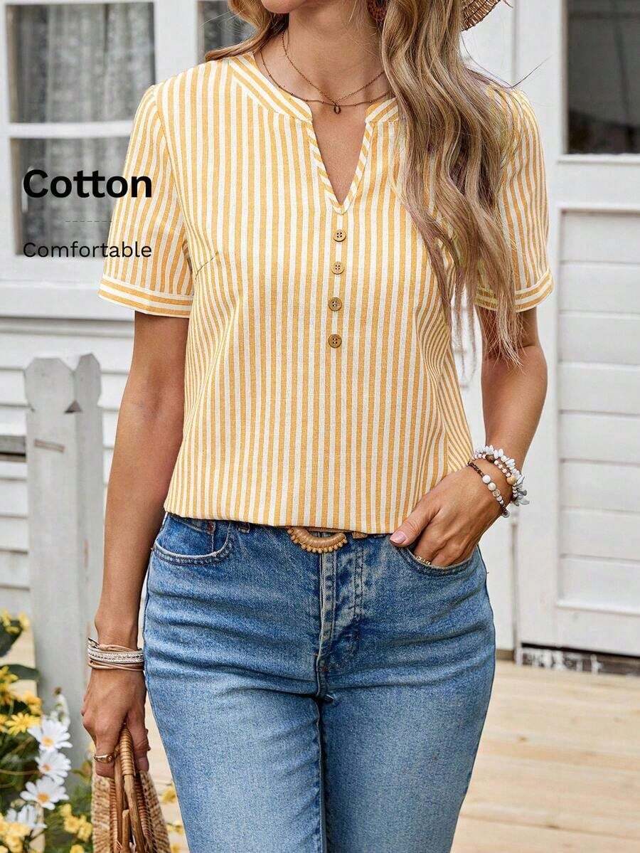 Blusa casual de mujer con escote de ojo de cerradura a rayas - Amarillo - Ver 1