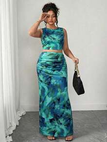 Conjunto de dos piezas de top de tirantes y falda con estampado de leopardo talla grande, sexy pero apropiado para el uso diario y el transporte - Verde - Ver 5