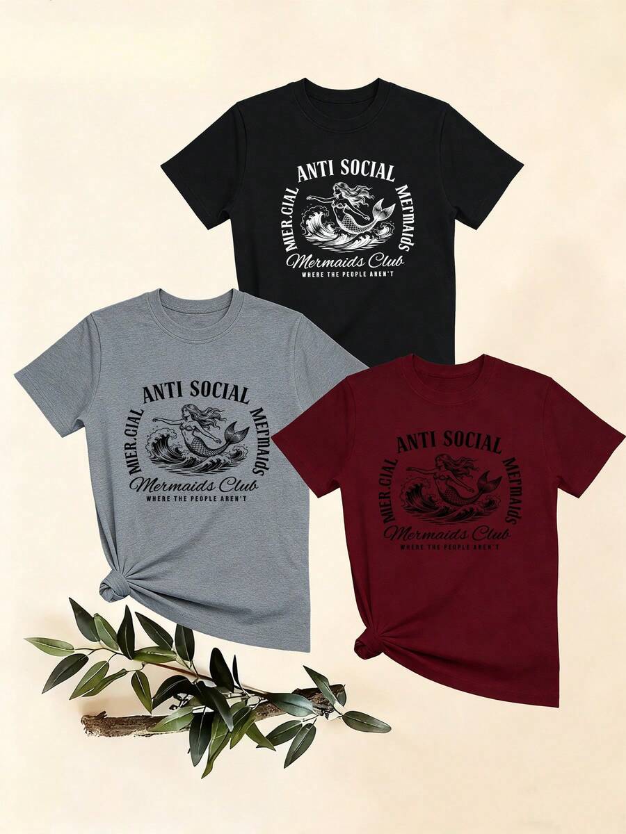 Women's T-Shirts, Women's T-Shirts, Casual Short Sleeve One Piece T-Shirt With Antisocial Mermaid Club Print, Fashion Top. - 1件黑色隨機圖案 - 查看 1