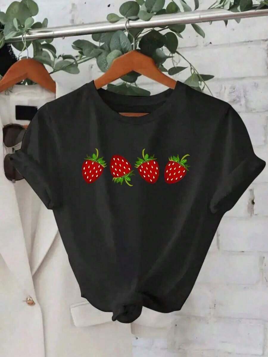 Playera Para Mujer Playera Camiseta Basica Estampada Grafica Dama Mujer Manga Corta Cuello Redondo Estampado Fresa Fresas Fruto Frutas Frutal Strawberry Gym Gimnasio Ejercicio Aesthetic Regular Casual Comoda Fresca Ligera Suave Moderna Juvenil Romantica Bohemia Salida Casa Diario Dia Playa Calor Primavera Verano Oficina Versatil Creativa - Negro - Ver 1