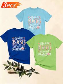 Women's T-Shirts, Women's T-Shirts, Casual One-Piece T-Shirt With 1966 Commemorative Heart Floral Print, Round Neck, Comfortable Top. - 1件黑色隨機圖案 - 查看 6