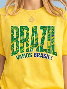 World Cup 2026 Country Teams Shirts, National Football Nations Shirts Brazil Women's Fashionable Casual T-Shirt With Creative Print, Short Sleeve, Round Neck, For Spring And Summer T-Shirt Women Festive Celebration Shirt Party Wear Top - 彩色 - 查看 1