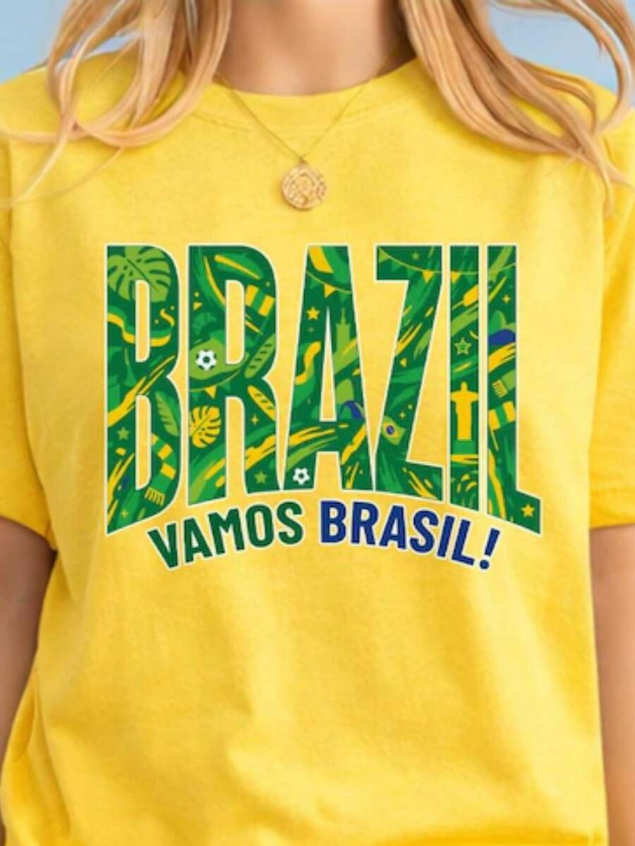 World Cup 2026 Country Teams Shirts, National Football Nations Shirts Brazil Women's Fashionable Casual T-Shirt With Creative Print, Short Sleeve, Round Neck, For Spring And Summer T-Shirt Women Festive Celebration Shirt Party Wear Top - 彩色 - 查看 1