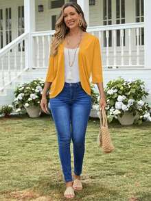 Chaqueta ligera de mujer de unicolor con abertura frontal y manga 3/4 casual - Amarillo - Ver 4