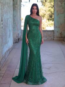 Faeriesty Đầm dài đuôi cá đính sequin thanh lịch và quyến rũ dành cho nữ, với cổ áo bất đối xứng và tay áo kiểu cape, phù hợp cho các buổi dạ tiệc, lễ kỷ niệm, đám cưới, sự kiện và các bữa tiệc. - Màu xanh lá cây đậm - Xem 3