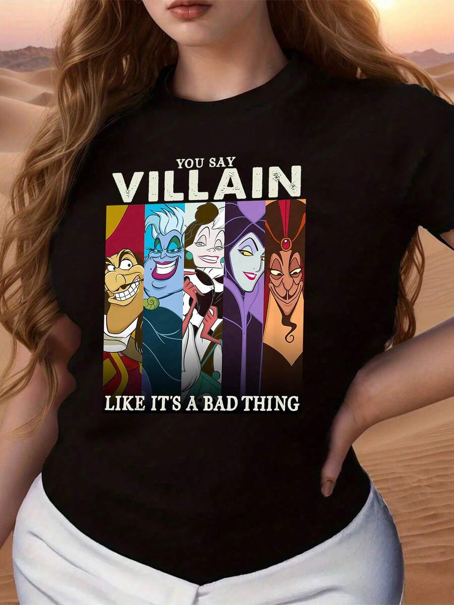 Colorful Illustration Featuring Famous Cartoon Villains Symbolizing The Duality Between Evil And Charisma, Conveying Power And Confidence. Comfortable Casual Women's T-Shirt For Everyday Wear. - 黑色 - 查看 1