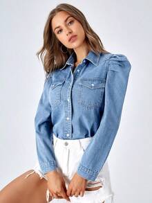 Camisa de mezclilla con mangas gigot y bolsillo con solapa para mujer - Azul lavado medio - Ver 6