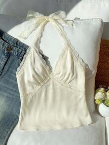 Top halter sin espalda con parches de lunares y encaje para mujer - Beis - Ver 7