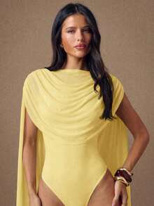 Body ajustado con cuello redondo y cinta color borgoña para mujeres, adecuado para graduación, ocasiones formales, fiesta de cóctel, cita romántica, capa base de otoño/invierno, fiesta, discoteca, reunión formal, salida nocturna, Halloween, Navi - Amarillo - Ver 3