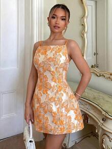 Vestido de mujer sin tirantes con decoración jacquard y floral 3D, vestido de té de lujo para banquetes y fiestas, vestido de princesa francés elegante con espalda descubierta y recortes, sexy y elegante para verano - Naranja - Ver 6