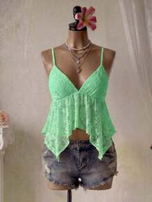 Camiseta de mujer con escote en V sexy y bajo asimétrico de encaje - verde menta - Ver 3