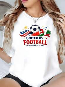 Flags Surrounding A Soccer Ball Symbolizing The Union Between Countries Under The Sun And The Traveling Spirit Of World Sport. Modern Women's T-Shirt For Soccer Fans 2026 - 白色 - 查看 8