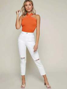 Top halter delgado unicolor con tiras cruzadas - Naranja - Ver 5