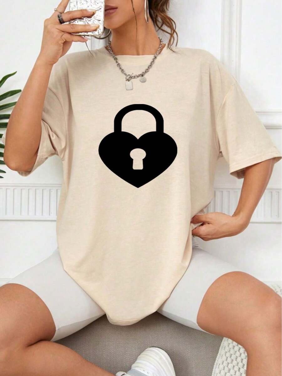 Women's T-Shirt Heart Block Print Spring Summer Casual Loose Round Neck Short Sleeve - 杏 - 查看 1