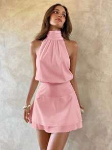 Vestido de mujer sexy y elegante con cuello halter, cintura de gasa y drapeado - Rosa Pálido - Ver 5