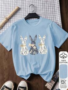 Plus Size Women's 100% Cotton Rabbit Print Blouse, Graphic Tee, Soft Fabric, Cotton Clothing, Outdoor Wear, Printed Print, Summer T-Shirt For Women, Blouse, Summer Top, Vacation Outfit, Travel Style, Beach Vibe, Minimalist Resort Wear - 淺藍色 - 查看 1