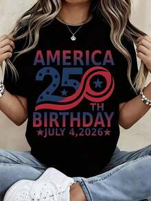1 Piece Women's Crew Neck T-Shirt, Patriotic Design With The United States Flag For The 250th Anniversary Of July 4, 2026, Short Sleeve, Casual, For Independence Day Celebration, 180g 100% Cotton - 黑色 - 查看 12
