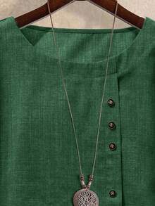 Kemeja Lengan Pendek Linen Baru untuk Wanita Ukuran Plus, Blus Kasual Longgar Ringan dengan Kancing Samping Bergaya Retro Artistik untuk Musim Panas - Hijau Tentara - View 3