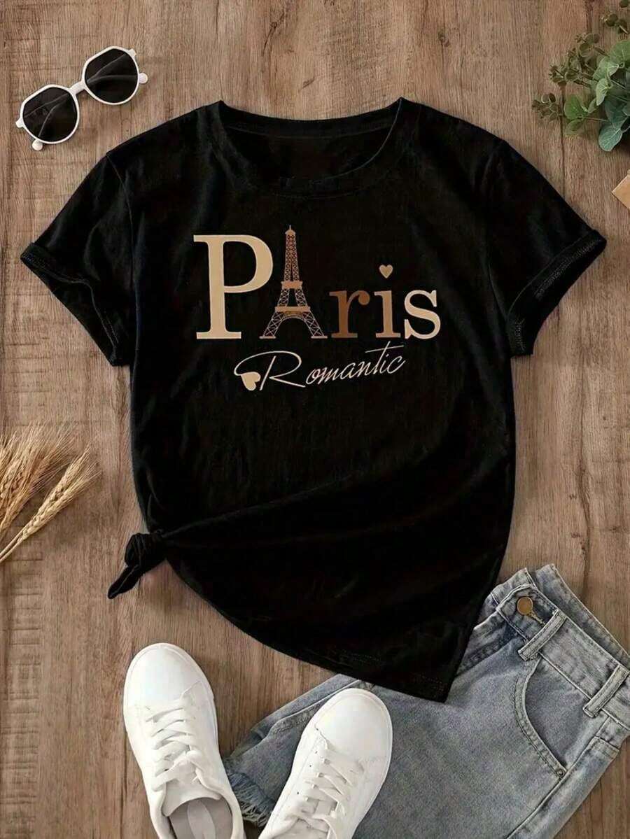 short sleevesPlayera Estampada De París, Blusa Casual De Manga Corta Y Cuello Redondo Para Primavera Y Verano, Ropa De MujerLeisure - Negro - Ver 1