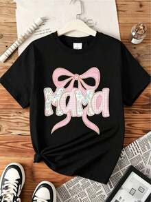 T-Shirt With "Mom" Bow In A Pink Floral Design, Casual Gift For Mom - 黑色 - 查看 1
