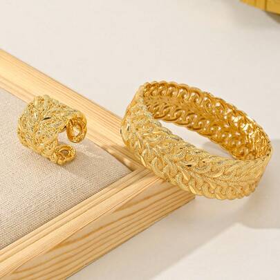 22K Gold Plated Copper Women's Bracelet & Ring Jewelry Set - Vintage & Middle Eastern African Fashion Jewelry