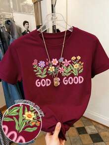 Camiseta de mujer de manga corta con cuello redondo, bordado floral, estilo minimalista, regalo para amigos - Burdeos - Ver 4