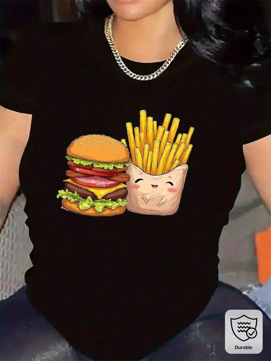 100% cotton Camiseta con diseño de hamburguesa y patatas fritas Duradera y ligera, ajuste cómodo para uso diario, top de estilo casual para hombres y mujeres, material de tela suave, cuello redondo, patrón estampado, ideal para restaurante o uso doméstico - Negro - Ver 1