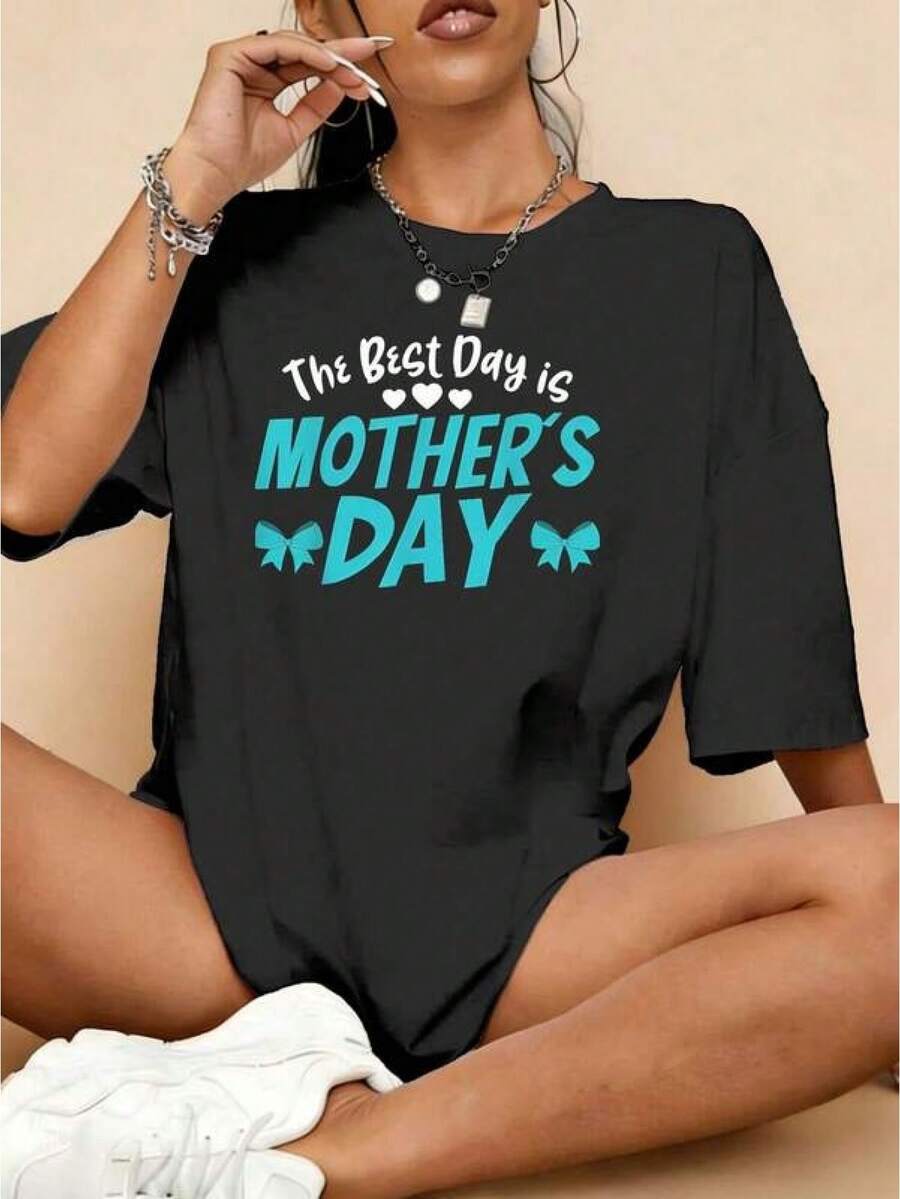 [Happy Mother's Day] Women's Plus Size Casual T-Shirt With Colorful Floral Print - Round Neck, Fashionable Ladies Clothing, Lightweight And Breathable, Summer Vacation Clothes, Plus Size T-Shirt For Women - 黑色 - 查看 1