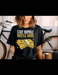 Camiseta de punto casual para mujer, cuello redondo, manga corta, con estampado de dinero, estilo grunge, longitud regular, ligeramente elástica. - Estilo - Ver 1