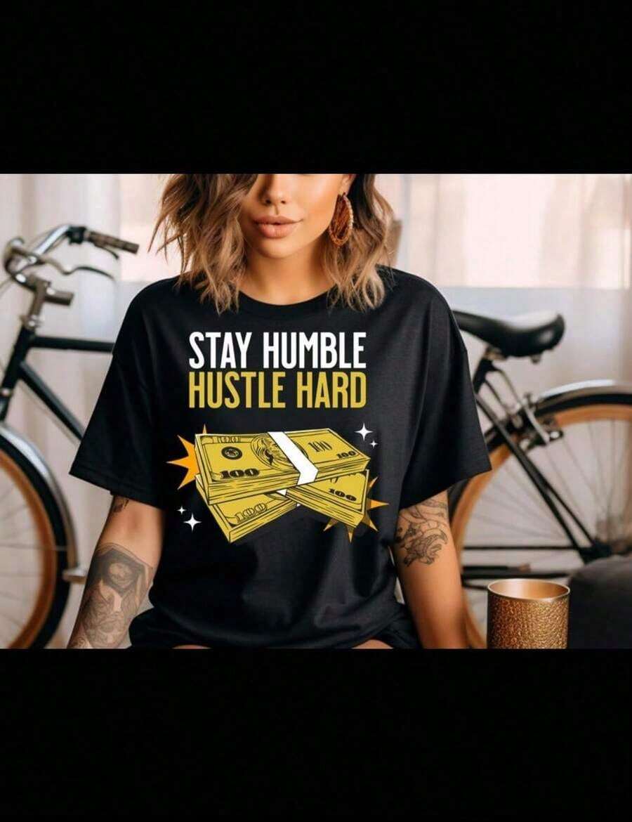 Camiseta de punto casual para mujer, cuello redondo, manga corta, con estampado de dinero, estilo grunge, longitud regular, ligeramente elástica. - Estilo - Ver 1