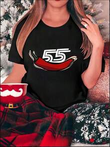 Women's Plus Size T-Shirt With A Modern Style, Short Sleeves, Featuring A 55-Letter Chili Print, Perfect For Casual Summer Outings And Comfortable Vacation Wear. - 風格 - 查看 6