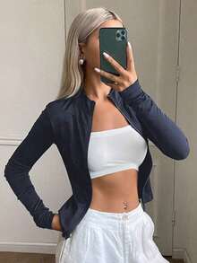 Chaqueta casual deportiva de manga larga y ajuste ceñido para mujer, estilo callejero, chaqueta ligera de verano - Azul marino 3 - Ver 2