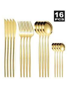 Christmas 4/16/24/32pcs/Set Stainless Steel Flatware Set, Suitable For Family, Restaurant, Wedding, Party, Holiday Gift Home Decor New Year Gift - Gold - View 10