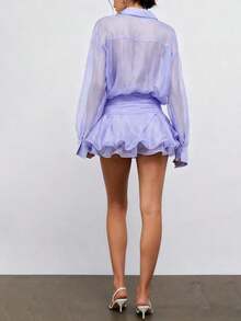 Women's Sheer Mini Dress Long Sleeve Button Down Ruffled Skirt Fashionable Solid Color Light Blue Dress - Morado claro - Ver 5