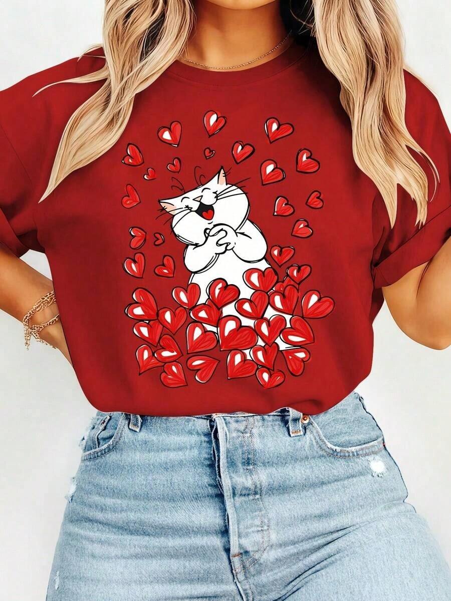 Camiseta de manga corta con cuello redondo para mujer, con estampado de gato blanco rodeado de corazones rojos, para invierno. | Cómodo, suave, a la moda, elegante, estilo vintage, tela de elasticidad media, para todas las estaciones, opciones multicolor, tallas S-XXL. Adecuado para primavera, verano y otoño. - Rojo - Ver 1