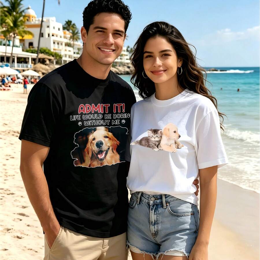 2-Piece Couple Matching Pattern T-Shirt, 100% Cotton, Loose Fit, Soft And Breathable, Casual Round Neck Short Sleeved Top Union Glory Eagle Design Pink Dress With Text Print Versatile Patterns No Picky Combinations Coordinated Dating Casual Travel Simple And Cartoonish Printing Styles High - 黑色 - 查看 1