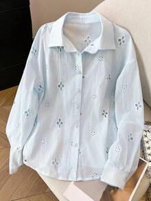 Camisa casual de mujer de manga larga con bordado calado y abotonadura sencilla - Azul - Ver 3