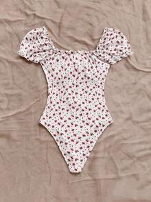 Body con estampado floral de hombros descubiertos ribete fruncido con nudo delantero pecho con fruncido - Blanco 4 - Ver 2