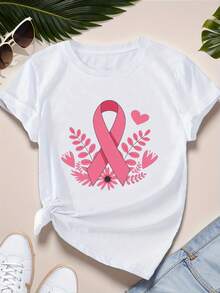 Camiseta deportiva de manga corta de talla para mujer con flores de cinta rosa - Blanco - Ver 4