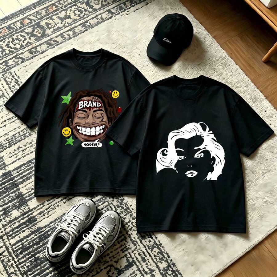 2-Piece Couple Matching Pattern T-Shirt, 100% Cotton, Loose Fit, Soft And Breathable, Casual Round Neck Short Sleeved Top Brand Grapes Face And White Hair Woman Versatile Patterns No Picky Combinations Coordinated Dating Casual Travel Simple And Cartoonish Printing Styles High Cost-Effectiveness - 黑色 - 查看 1