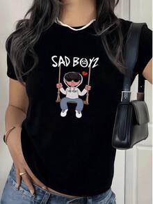 Comfortable Women's Casual T-Shirt With Sad Boyz Print, Featuring A Swing Figure Design. Modern Style, 100% Cotton. Ideal For A Comfortable, Urban Look. Loose, Versatile Short-Sleeve T-Shirt For Women. - 黑色 - 查看 8
