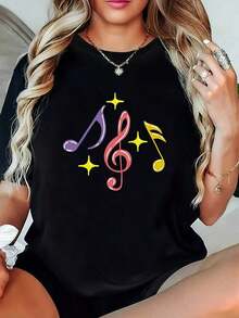 Camiseta de algodón puro nueva de verano 2026, camiseta de talla grande, estampada con símbolos musicales, claves y estrellas, camiseta de manga corta con cuello redondo estampada, lavable a máquina, adecuada para fiestas de vacaciones, estilo casual, ajuste cómodo, diseño moderno, versátil para el día a día, tela suave, top estampado casual y cómodo, adecuada para primavera, verano y otoño. - Negro - Ver 1