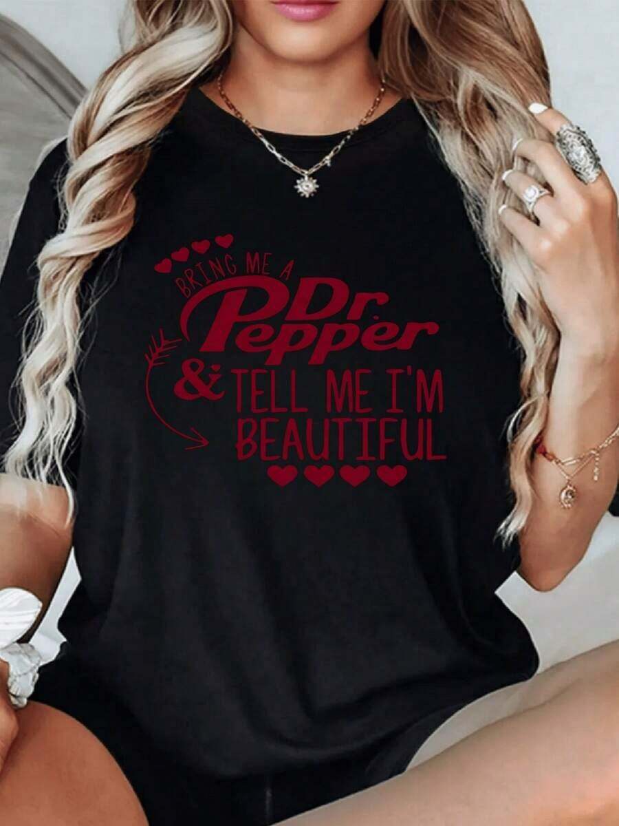 Camiseta Casual de Mujer, Cuello Redondo, Manga Corta, 220g, con Estampado Gráfico Digital 'Dr. Pepper & Tell Me I'm Beautiful', Frase Sarcástica y Divertida, 100% Algodón, Camiseta Casual de Verano, Elegante, 100% Algodón, Duradera - Negro - Ver 1
