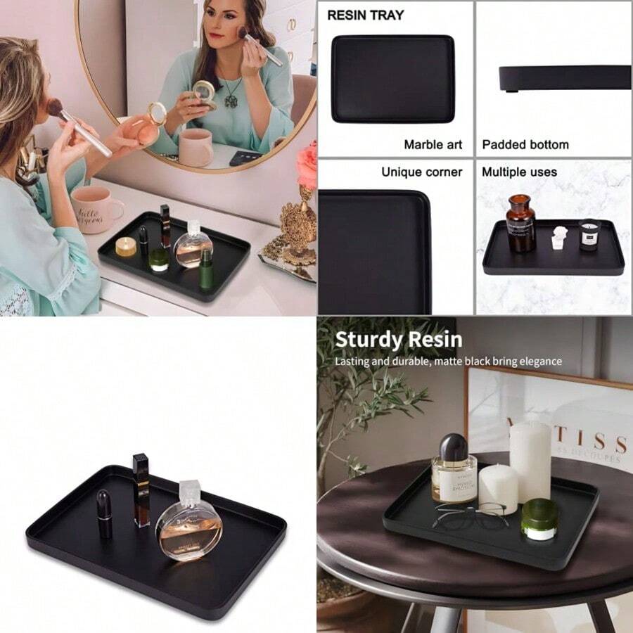 Bandeja de cambiador para lavabo de baño, bandeja de baño grande de resina, organizador rectangular de perfumes, bandeja decorativa para cambiador, encimera, sala de estar, cocina - negro - Ver 1