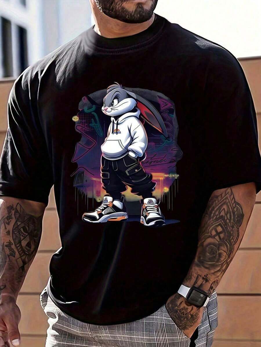 Men's Popular Casual Everyday Short-Sleeved T-Shirt, Round Neck,  Dominant Rabbit Print - Black - View 1